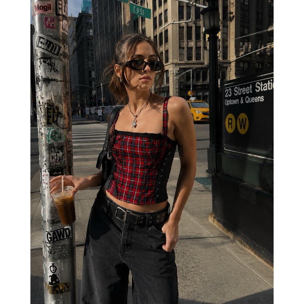 Vintage TRIPP NYC Plaid Corset Tank XL Goth Punk Lace Up Y2K Top